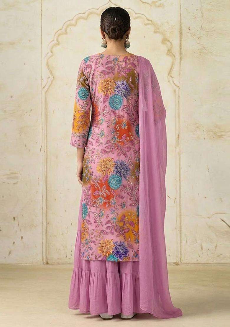 Lilac Pink Printed Crepe Sharara Set - Indya
