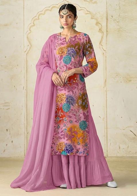 Lilac Pink Printed Crepe Sharara Set