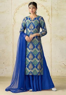 Royal Blue Brocade Sharara Set