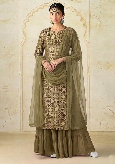 Olive Green Brocade Sharara Set
