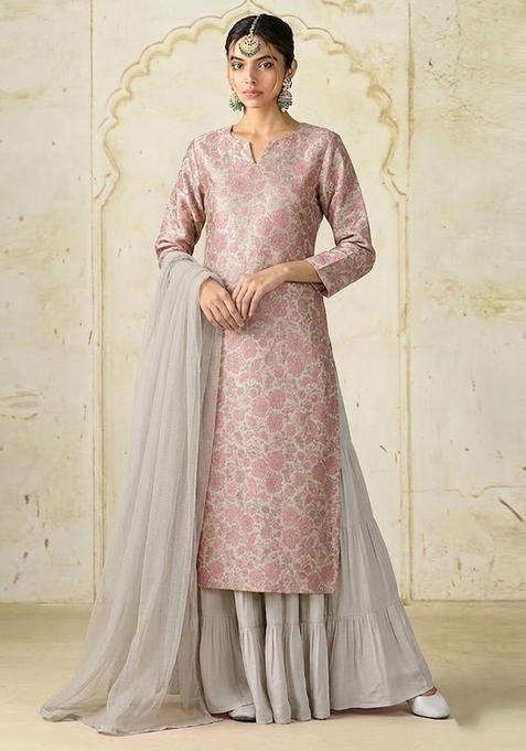 Dusty Rose Brocade Sharara Set