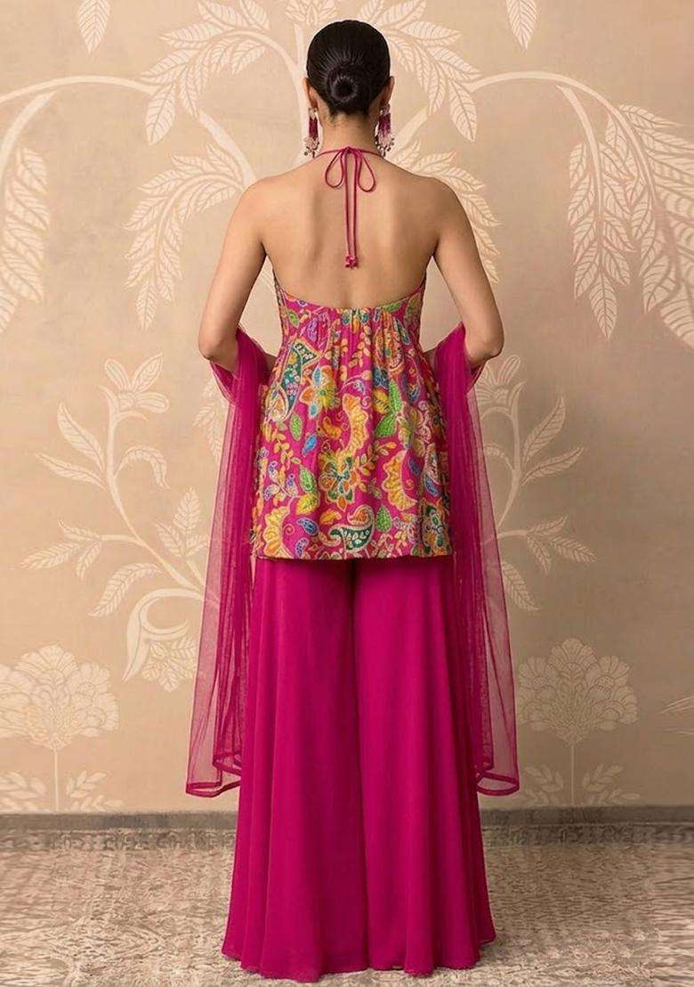 Magenta Pink Printed Crepe Sharara Set - Indya