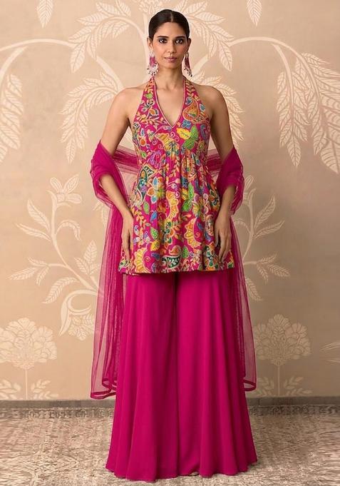 Magenta Pink Printed Crepe Sharara Set