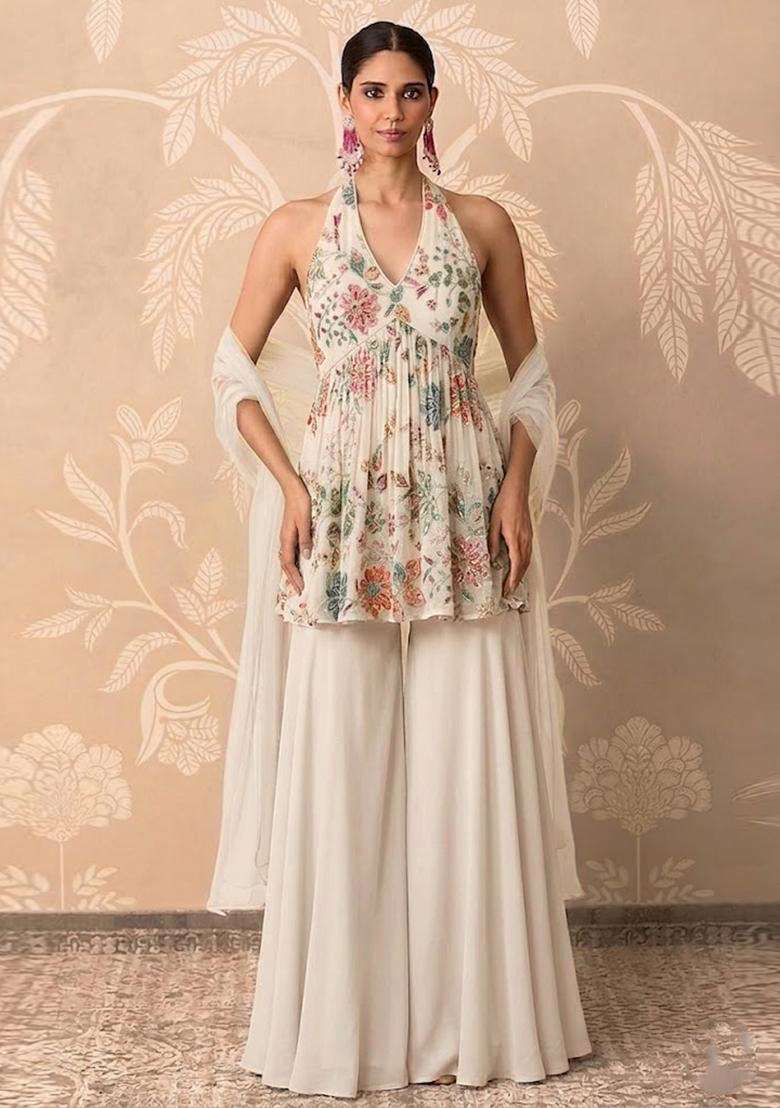 Off-White Printed Crepe Sharara Set - Indya