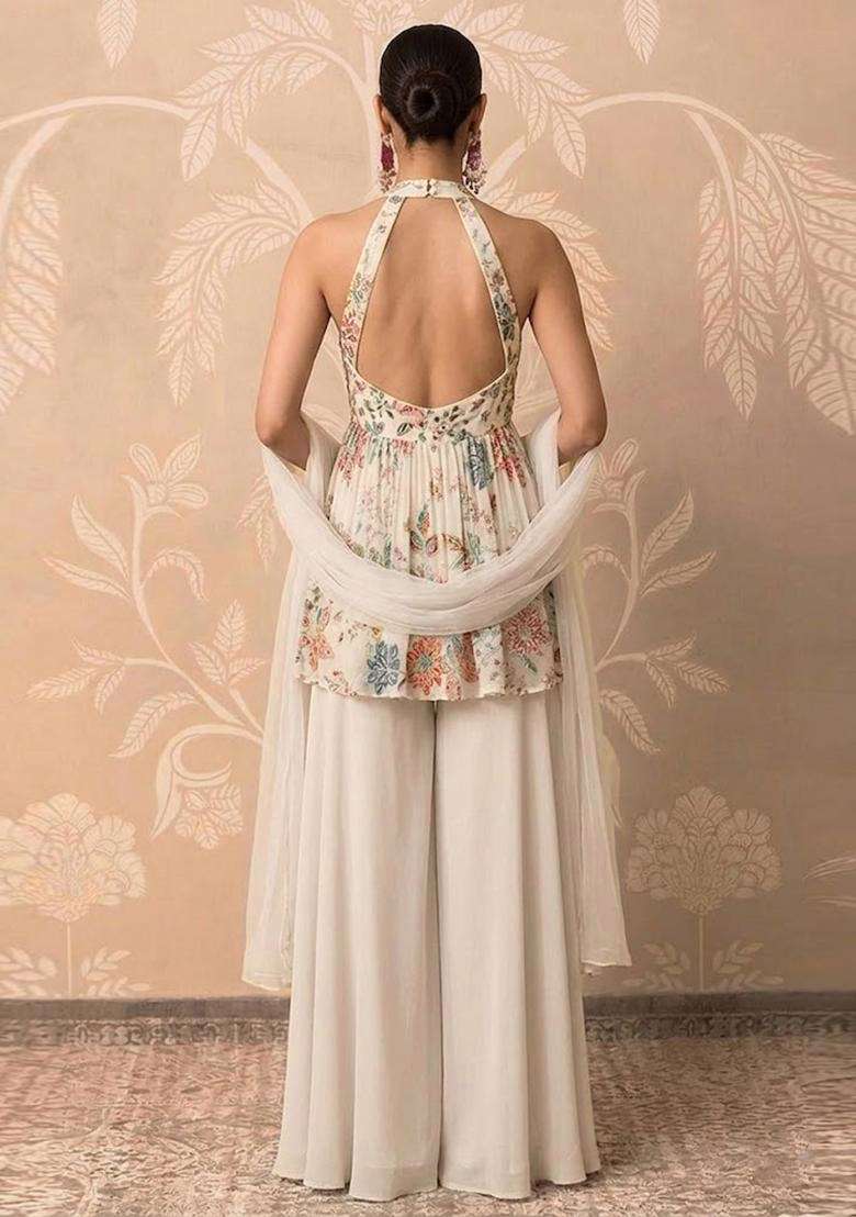 Off-White Printed Crepe Sharara Set - Indya