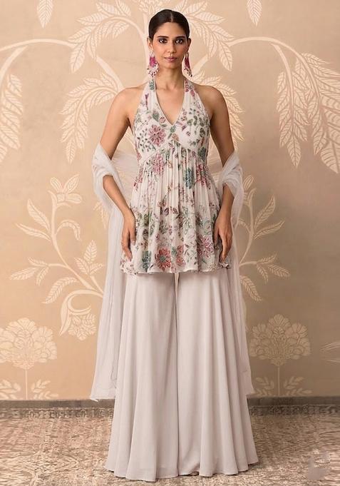 Off-White Printed Crepe Sharara Set