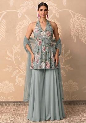 Sage Green Printed Crepe Sharara Set