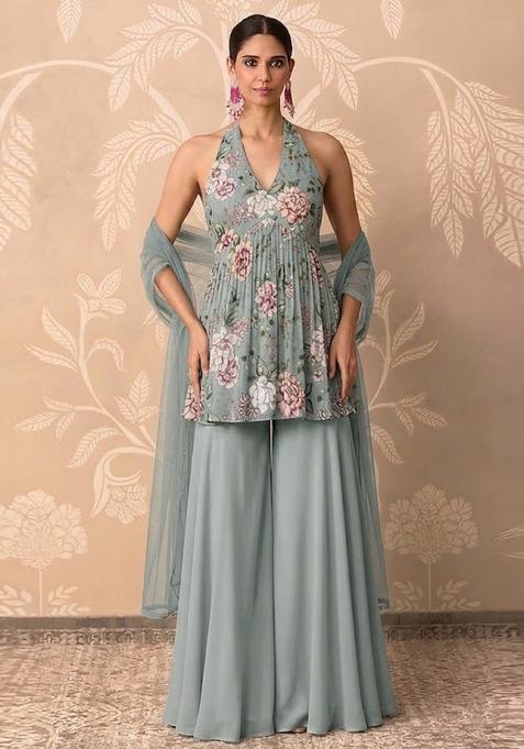 Sage Green Printed Crepe Sharara Set
