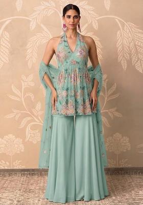 Mint Green Printed Organza Sharara Set