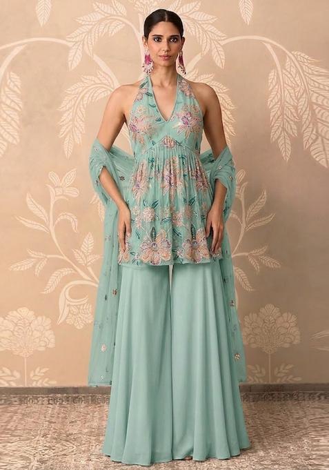 Mint Green Printed Organza Sharara Set