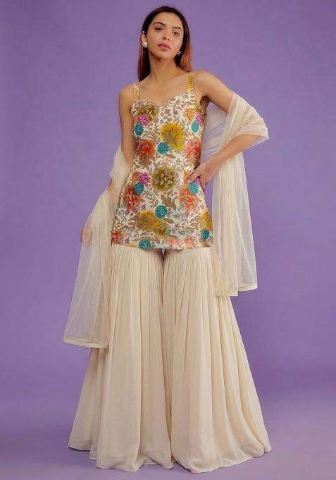 Ivory Printed Crepe Sharara Set