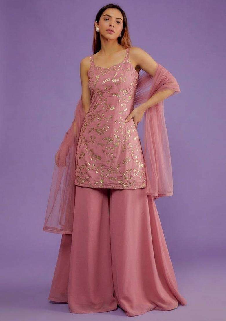 Rose Pink Embroidered Crepe Sharara Set - Indya