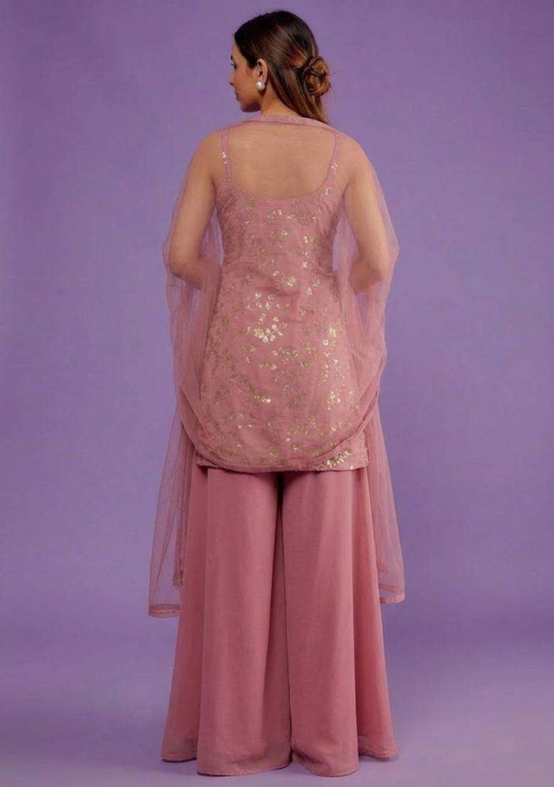 Rose Pink Embroidered Crepe Sharara Set - Indya