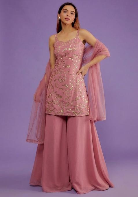 Rose Pink Embroidered Crepe Sharara Set