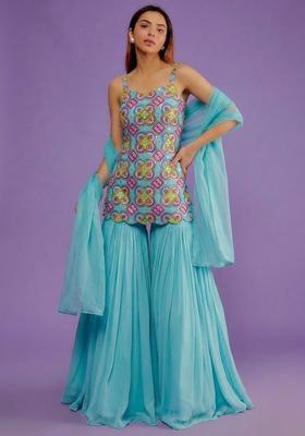 Sky Blue Printed Crepe Sharara Set
