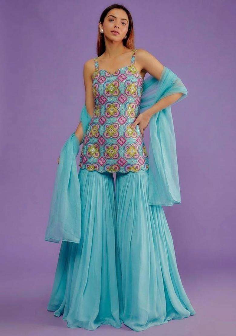 Sky Blue Printed Crepe Sharara Set - Indya