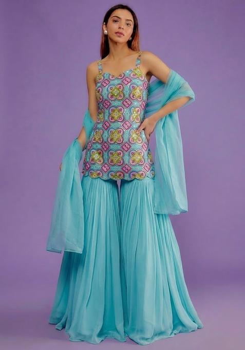 Sky Blue Printed Crepe Sharara Set