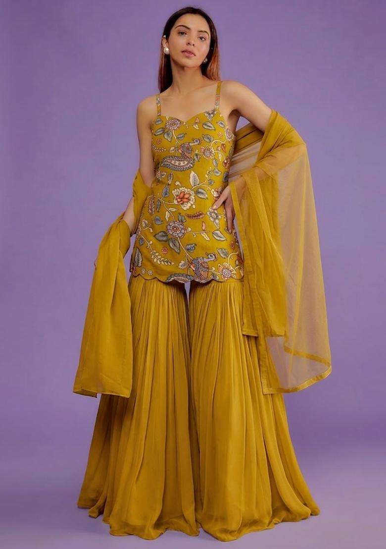 Mustard Yellow Printed Silk Sharara Set - Indya