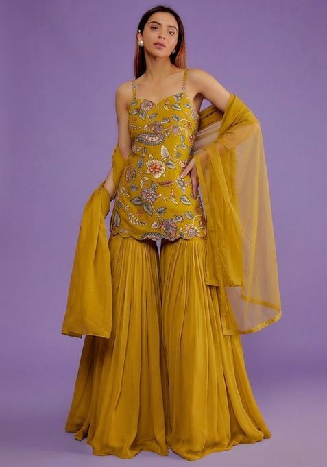 Mustard Yellow Printed Silk Sharara Set
