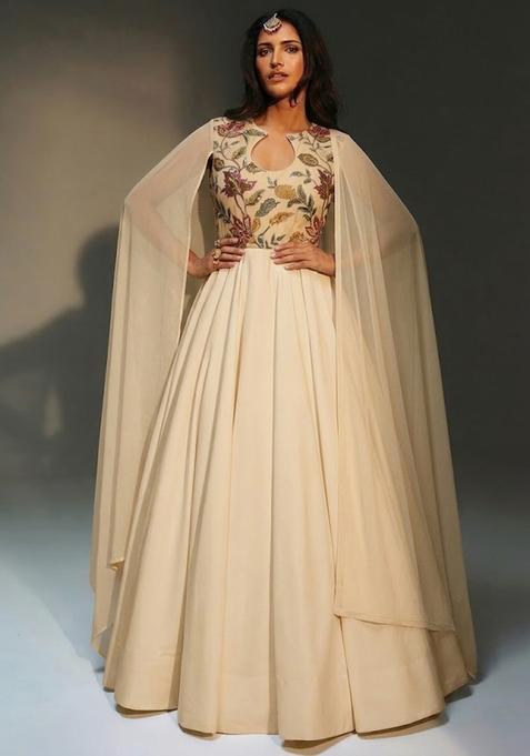 Cream Embroidered Organza Anarkali with Dupatta