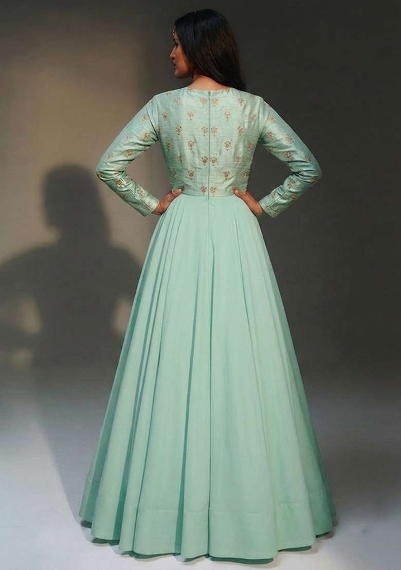 Mint Green Embroidered Silk Anarkali with Dupatta - Indya