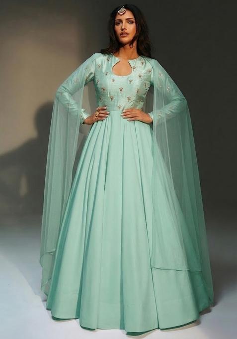 Mint Green Embroidered Silk Anarkali with Dupatta