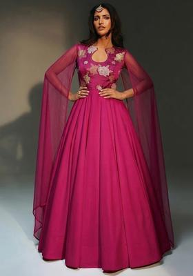 Magenta Pink Embroidered Chanderi Anarkali with Dupatta