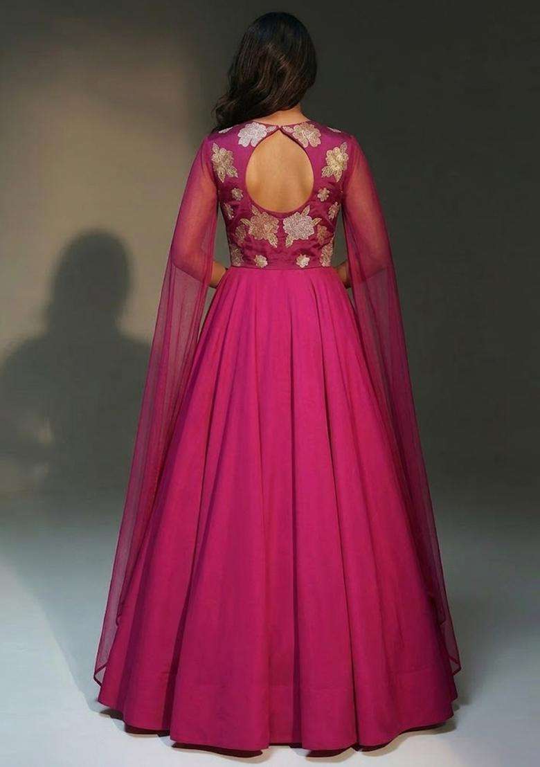 Magenta Pink Embroidered Chanderi Anarkali with Dupatta - Indya