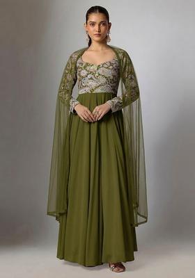 Olive Green Printed Crepe Anarkali with Dupatta