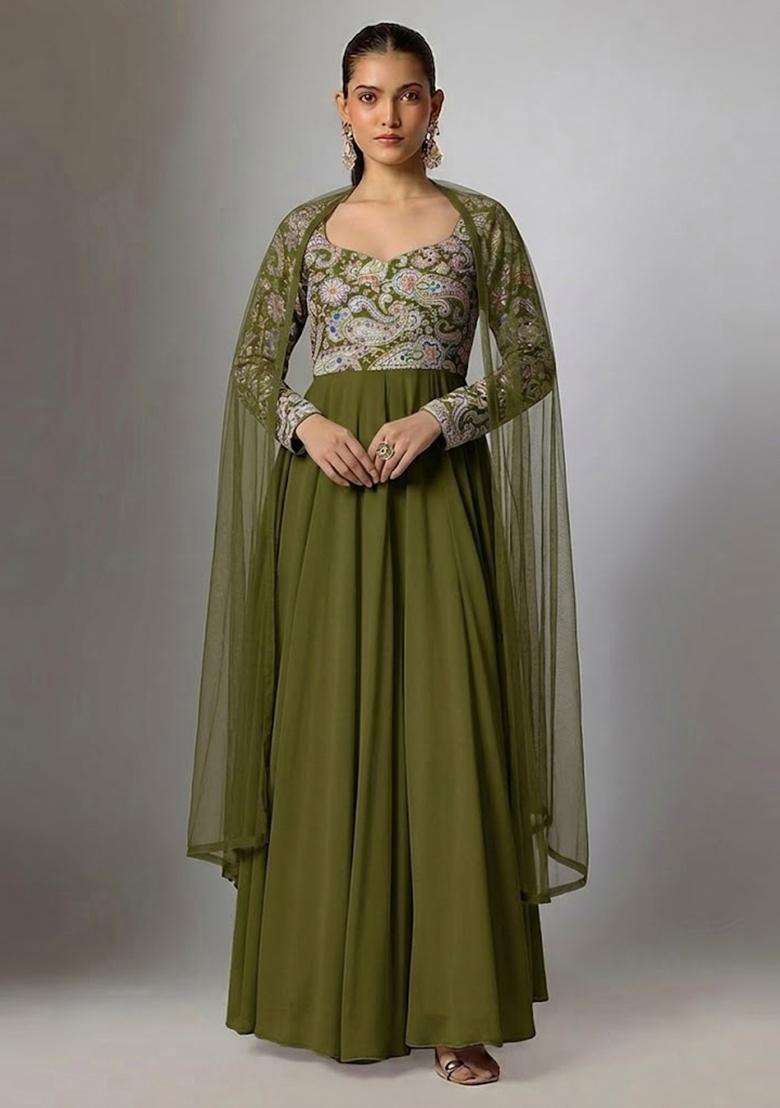 Olive Green Printed Crepe Anarkali with Dupatta - Indya