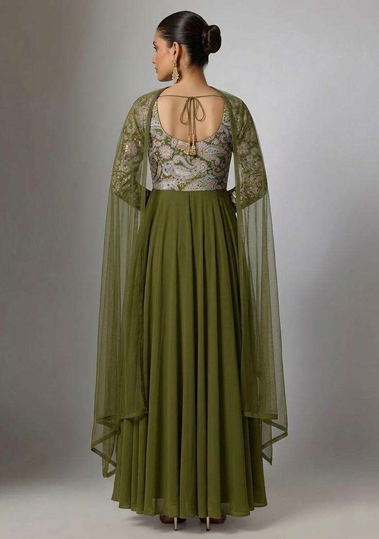 Olive Green Printed Crepe Anarkali with Dupatta - Indya