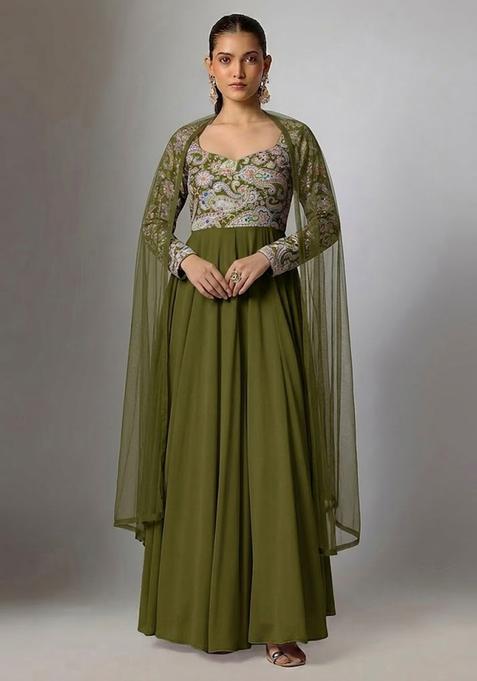Olive Green Printed Crepe Anarkali with Dupatta