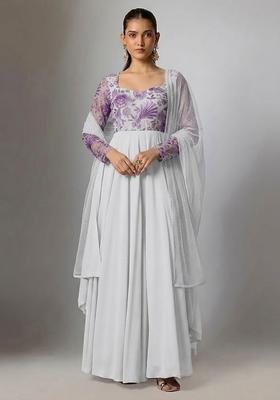 Off-White Printed Organza Anarkali with Dupatta
