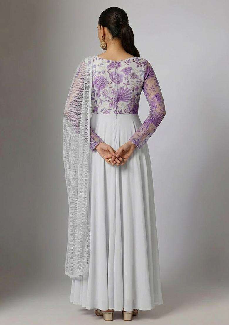 Off-White Printed Organza Anarkali with Dupatta - Indya