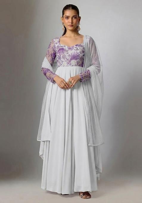 Off-White Printed Organza Anarkali with Dupatta
