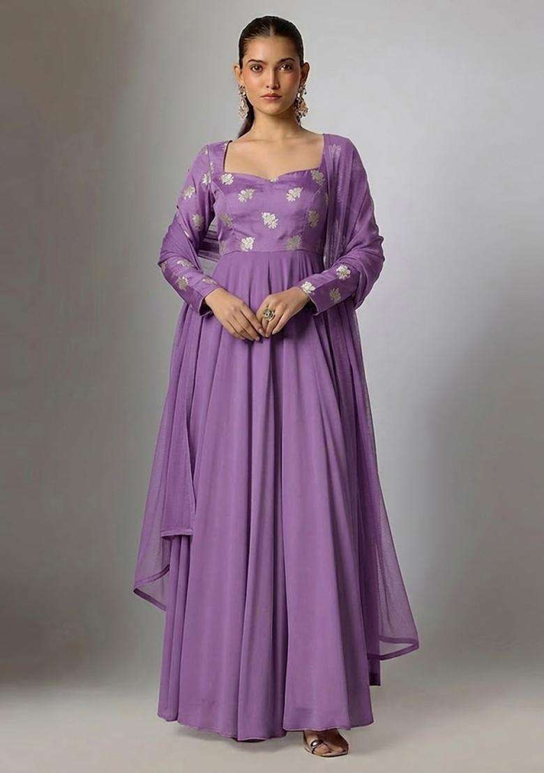 Lavender Purple Embroidered Silk Anarkali with Dupatta - Indya