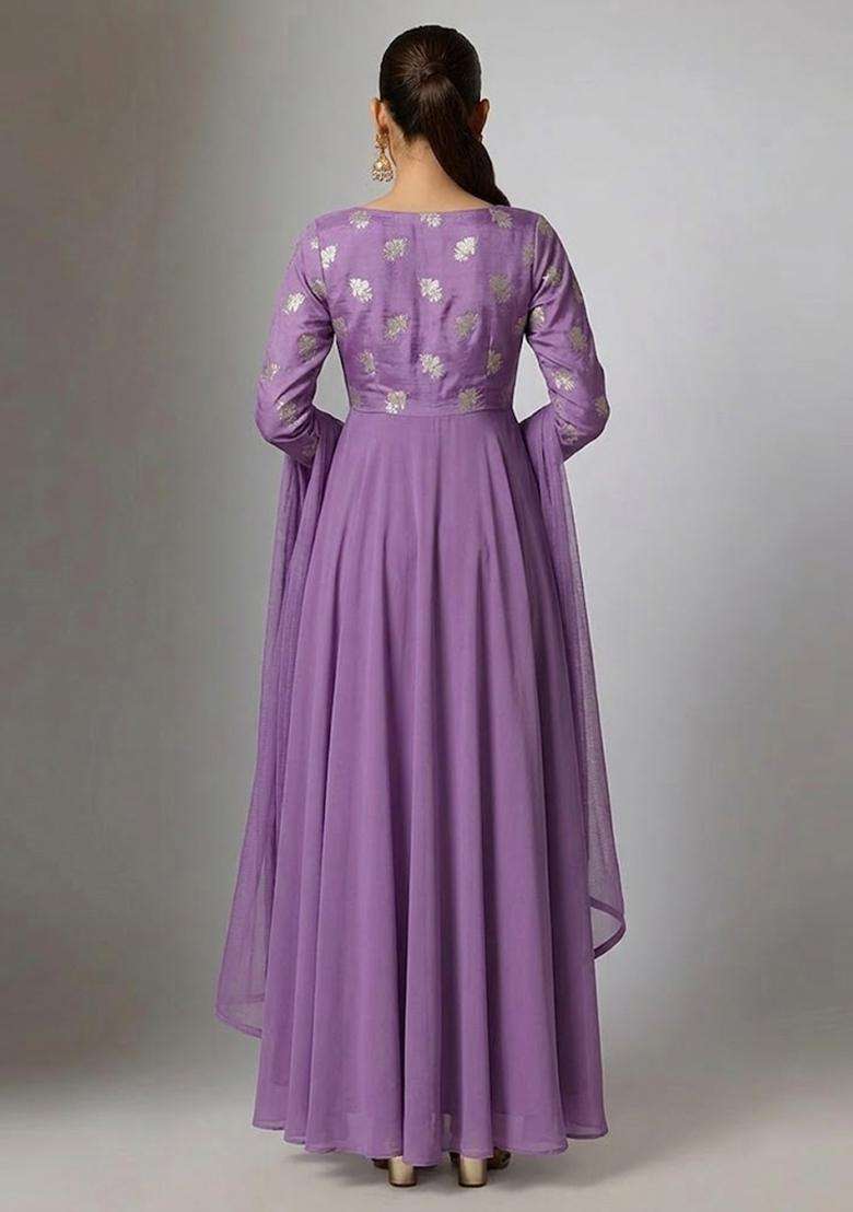 Lavender Purple Embroidered Silk Anarkali with Dupatta - Indya