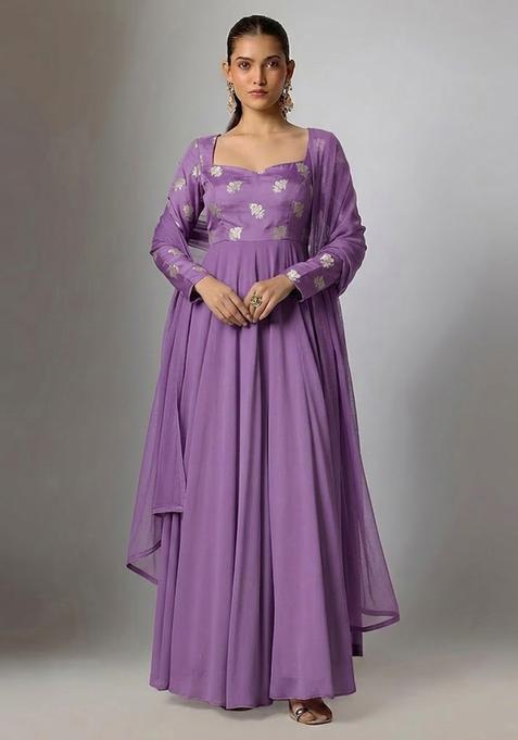 Lavender Purple Embroidered Silk Anarkali with Dupatta
