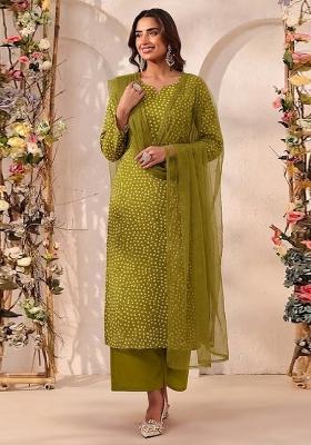 Olive Green Printed Crepe Kurta Set