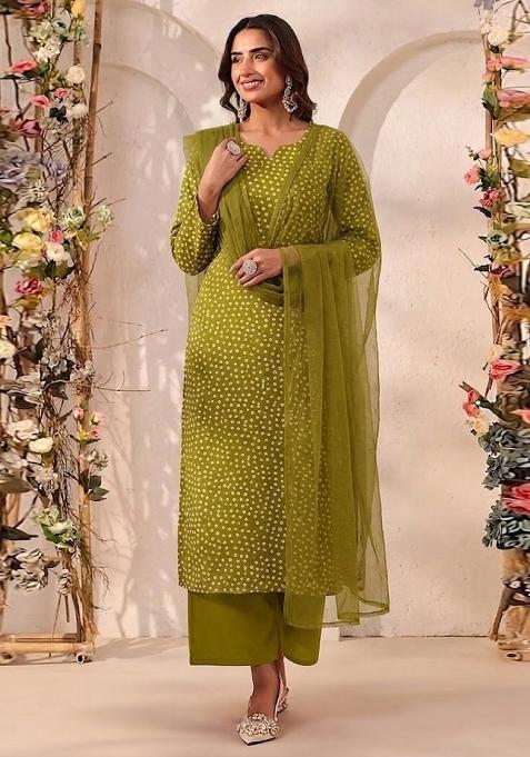 Olive Green Printed Crepe Kurta Set