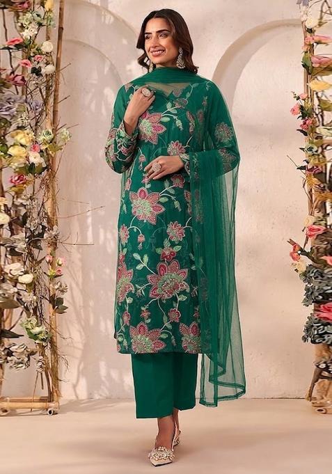 Green Printed Organza Kurta Set