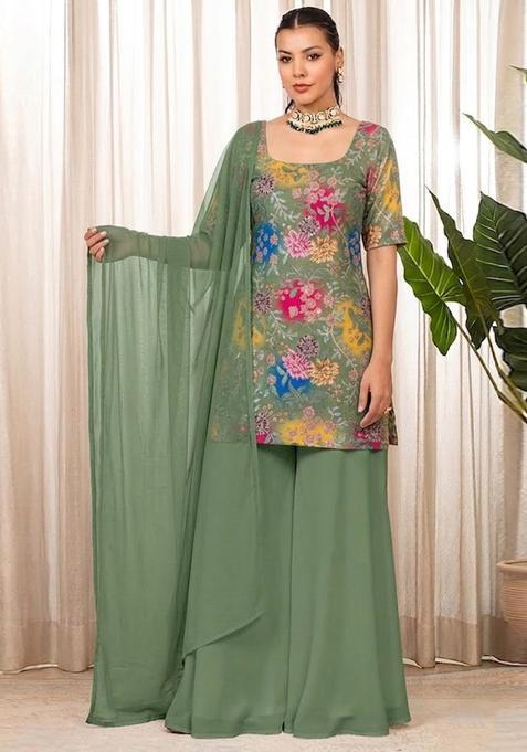 Sage Green Printed Crepe Sharara Set