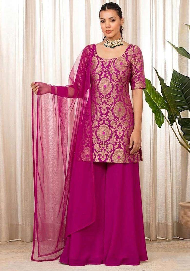 Magenta Pink Embroidered Silk Sharara Set - Indya