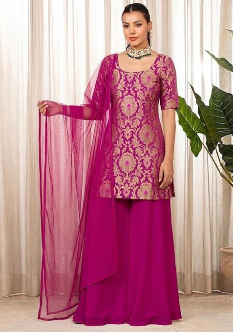 Magenta Pink Embroidered Silk Sharara Set