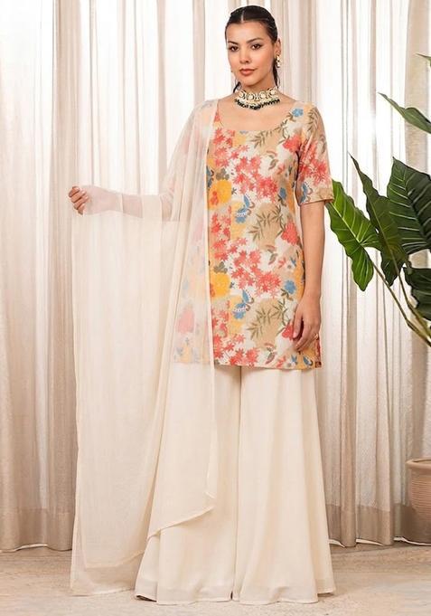 Off-White Printed Chanderi Sharara Set