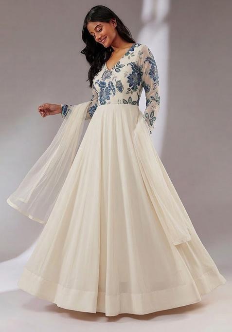 White Printed Organza Kurta Set