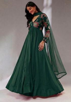 Forest Green Printed Organza Kurta Set