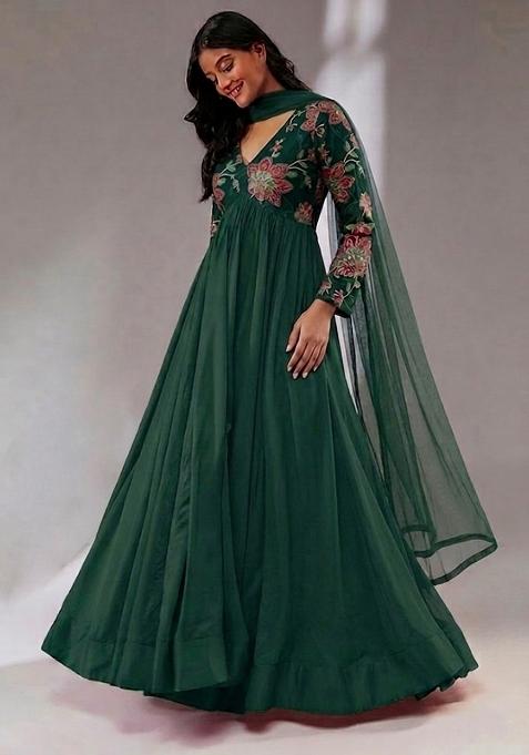 Forest Green Printed Organza Kurta Set
