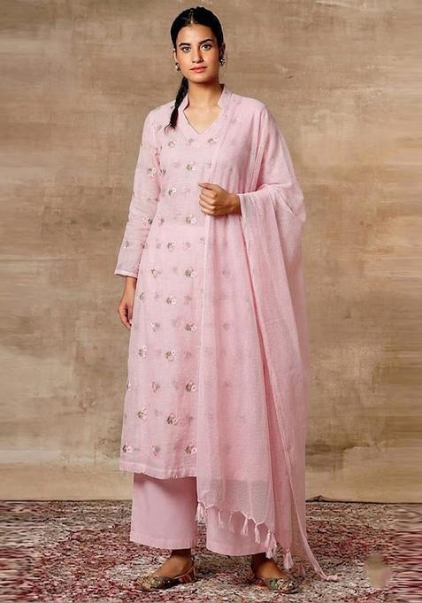 Light Pink Embroidered Chanderi Kurta Set
