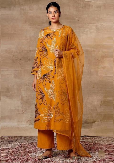 Mustard Yellow Embroidered Chanderi Kurta Set